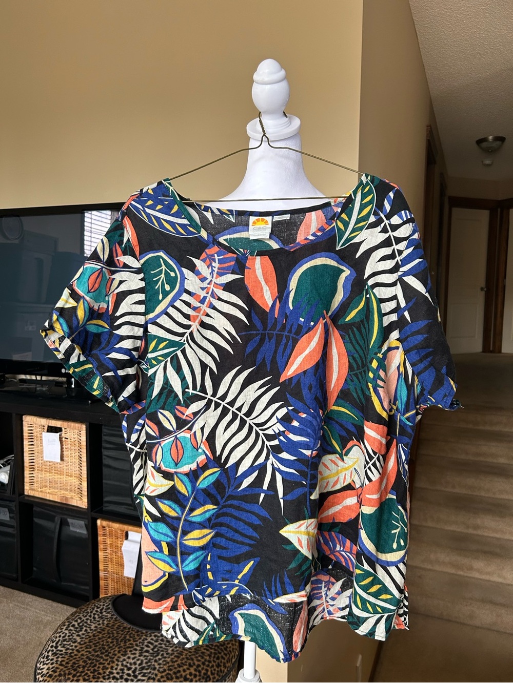 Linen Tropical Leaf Print Short Sleeve Top - Black/Multi/ Casual/ vacation